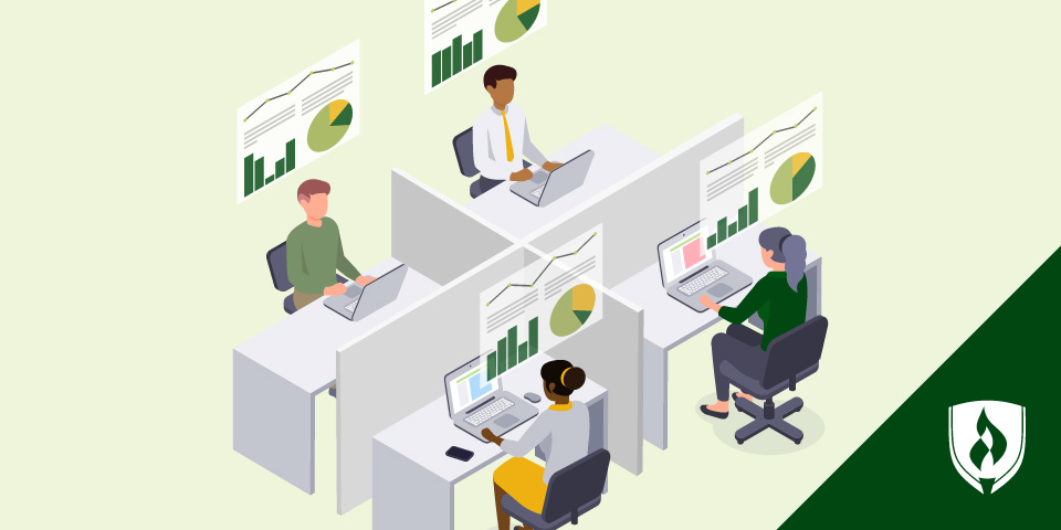 Four people work in separate cubicles against a light green background