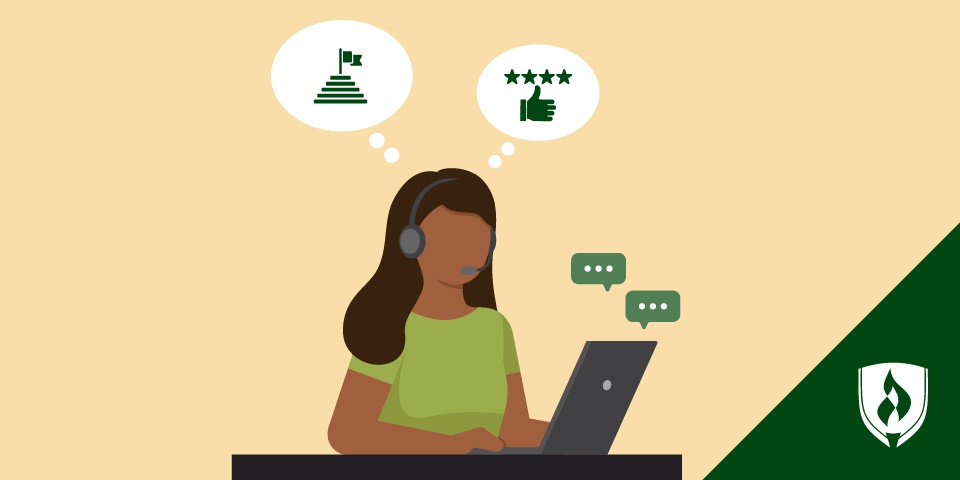illustration of a help desk worker with information technology advancement icons above