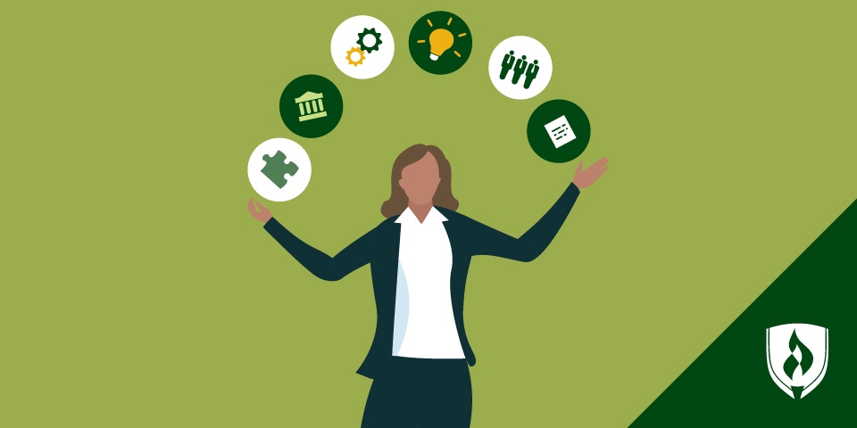 illustration of a female paralegal juggeling icons of paralegal skills