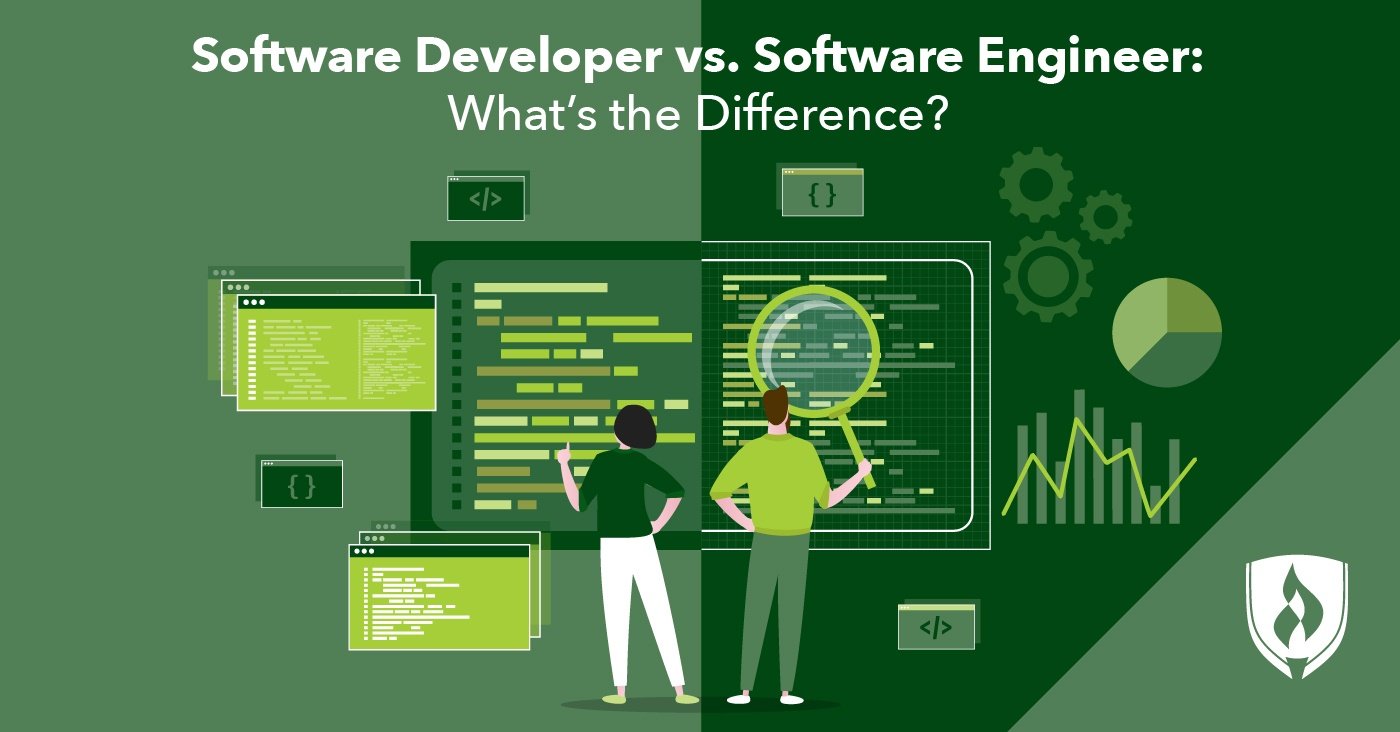 illustration with two panels with different symbols and different professionals representing  software developer vs software engineer
