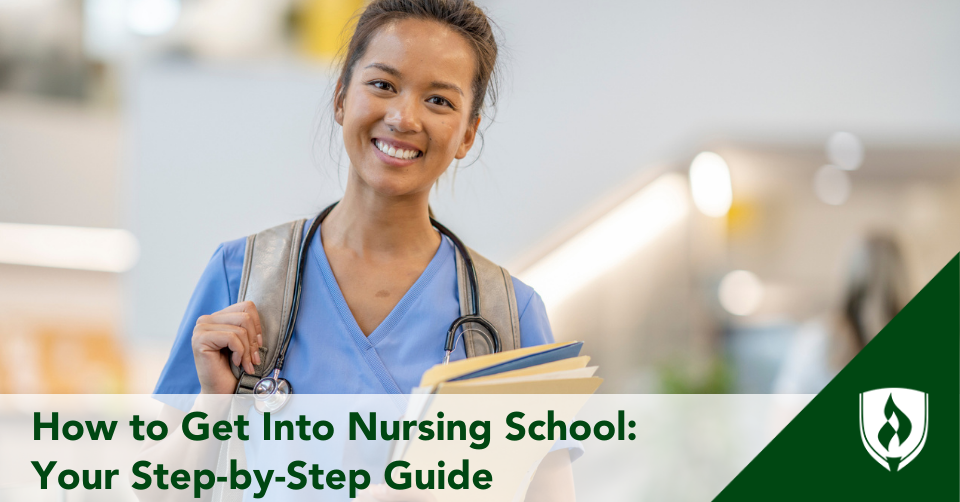 A nursing student with a backpack and scrubs heads into clinicals