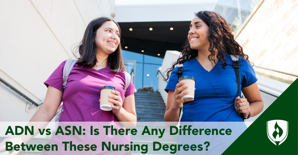 Two Associate degree nurses chat while walking out of their healthcare facility