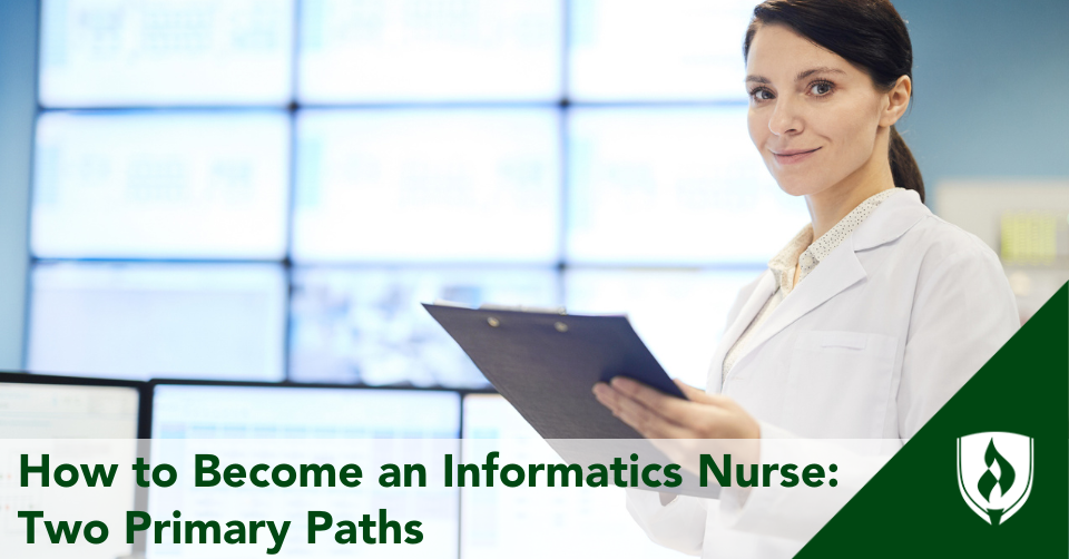 An informatics nurse looks over some documents in front of computer monitors