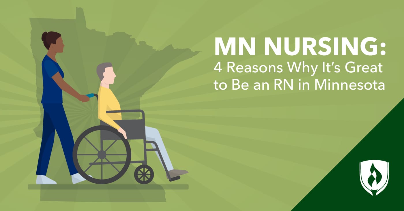 illustrated nurse pushing male patient in wheelchair with state of MN in background