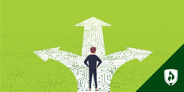 illustration of a man standing on a path that looks like a motherboard