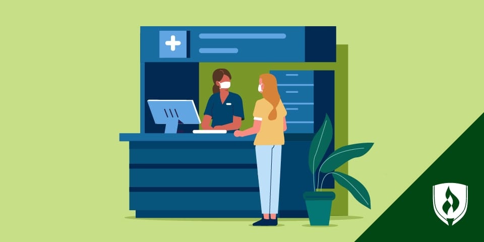 illustration of a a medical administrative assistant behind a desk greeting a patient