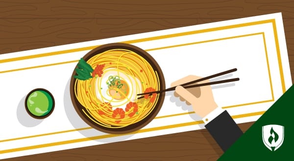 illustration of someone eating a bowl of ramen noodles with chop sticks