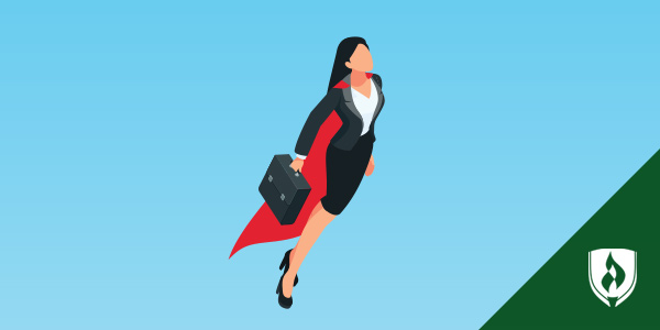 female wearing superhero cape and carrying a briefcase