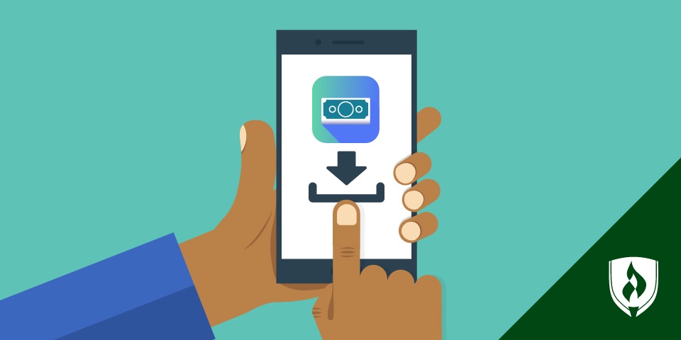 illustration of someone scrolling on a budgeting app on a smart phone