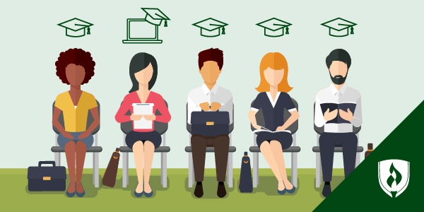 A line of job candidates outside an office with degree icons above their heads including an online degree icon