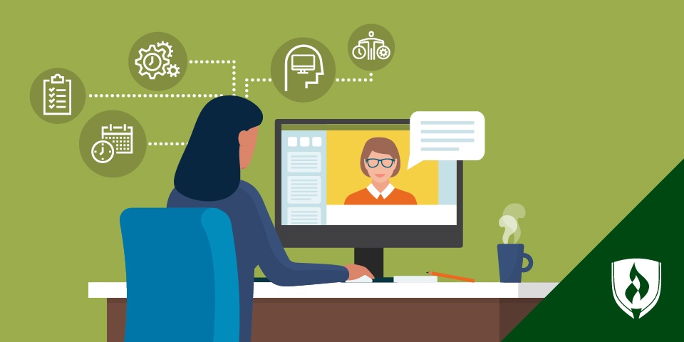 illustration of a female college student working at a computer with online learning education icons above the computer