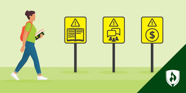 illustration of a college student walking along a path with yello warning signs with icons representing college student mistakes