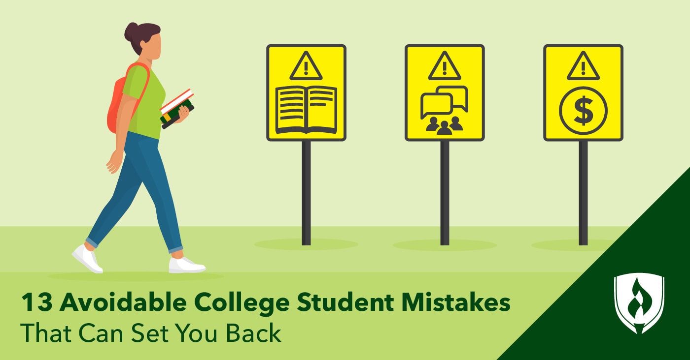 illustration of a college student walking along a path with yello warning signs with icons representing college student mistakes
