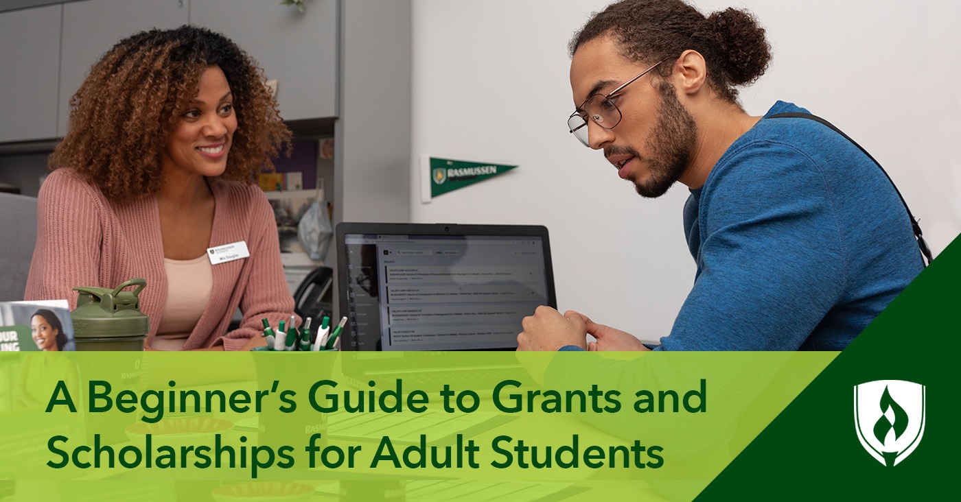 photo of a financial aid staffer helping an adult student representing grants and scholarships for adult students