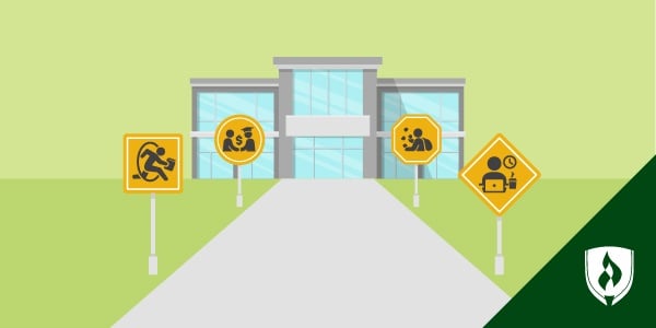 illustration of a university building with yellow signs outside the building represenitng excuses to go back to school
