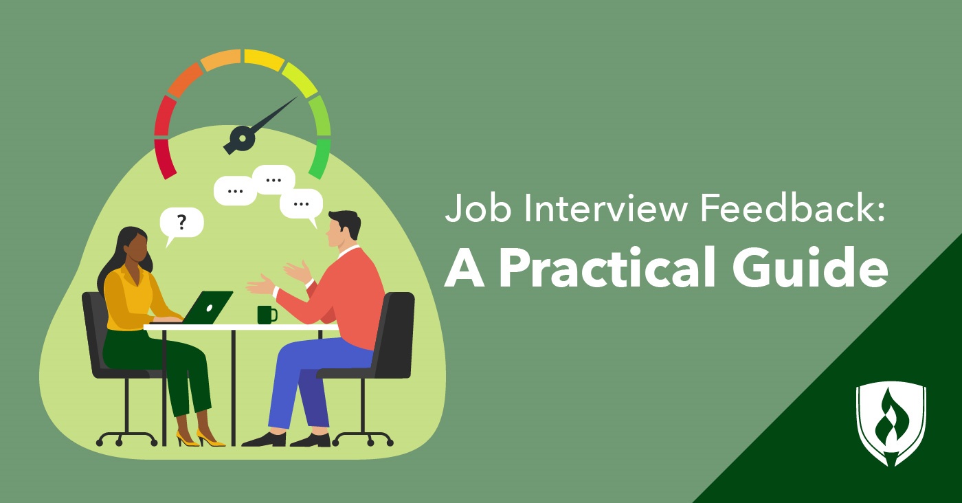 illustration of a job interview with dialogue boxes representing job interview feedback 