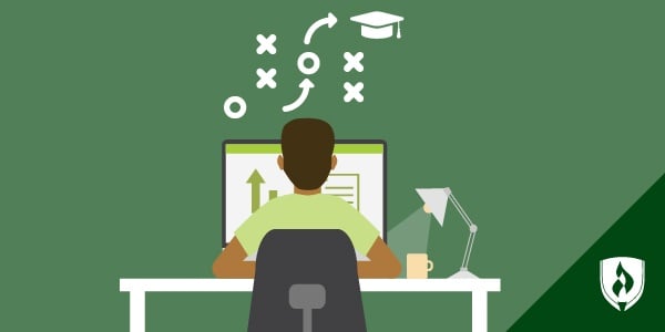 illustration of a student studying at a desk with a game of x and os above representing online learning strategies
