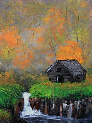 image of a painting of a cabin in the woods