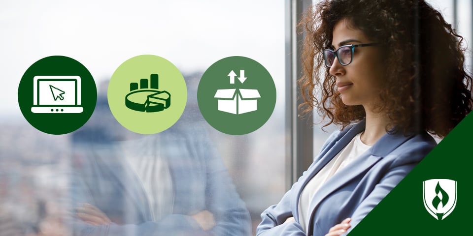 Professionally dressed woman in glasses looking out window with three icons representing specializations visible.