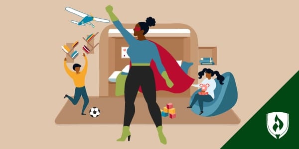 illustration of a mom in business casual clothes with a cape and kids playing in the background