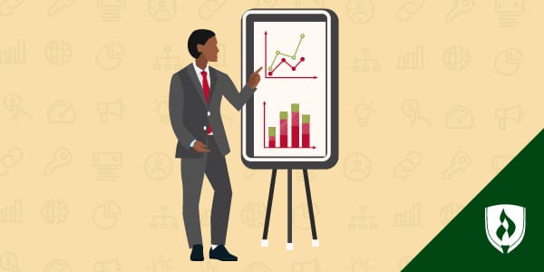 Illustration of a man in a suit presenting information from a chart.