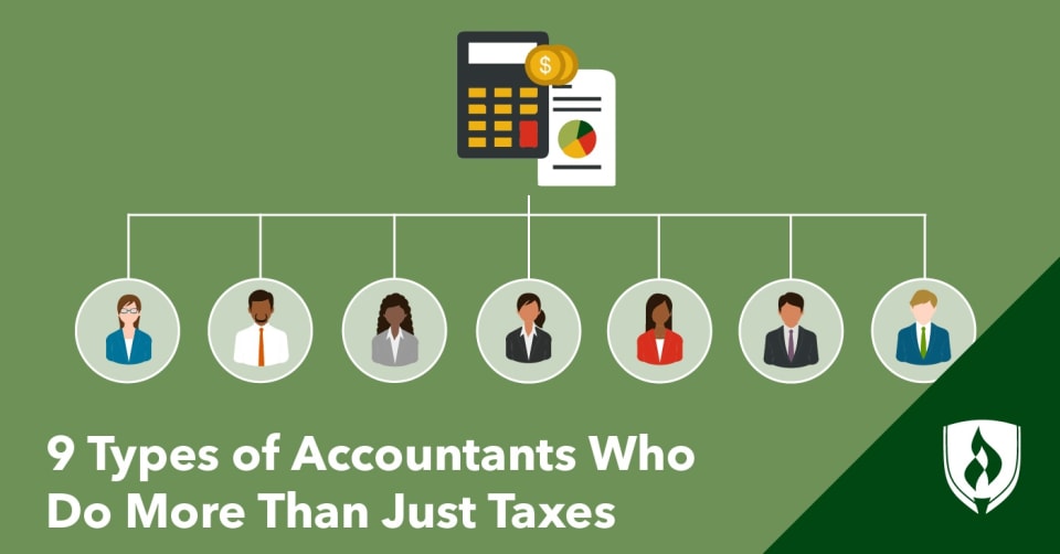 illustrations of different types of accountants with a calculator and pie chart