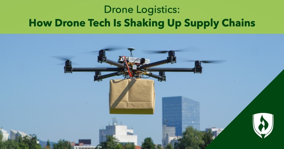 photo of a drone carrying a package representing drone logistics 