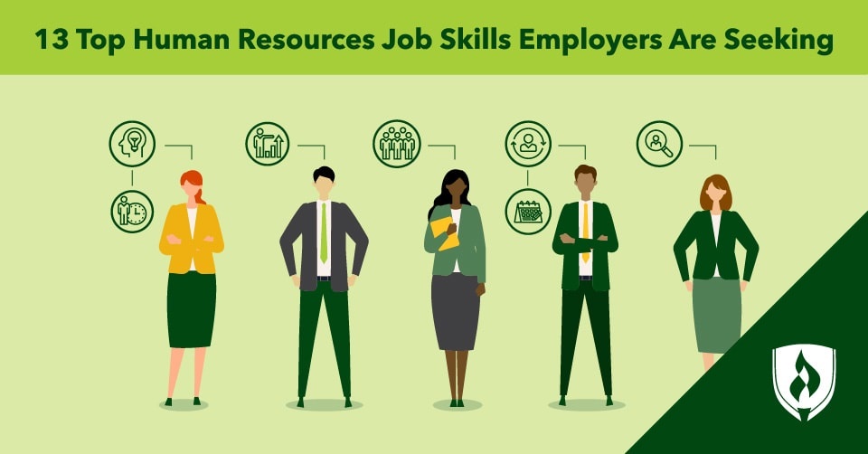 illustration of hr canidates standing with different icons representing hr job skills