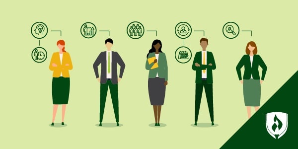 illustration of hr canidates standing with different icons representing hr job skills