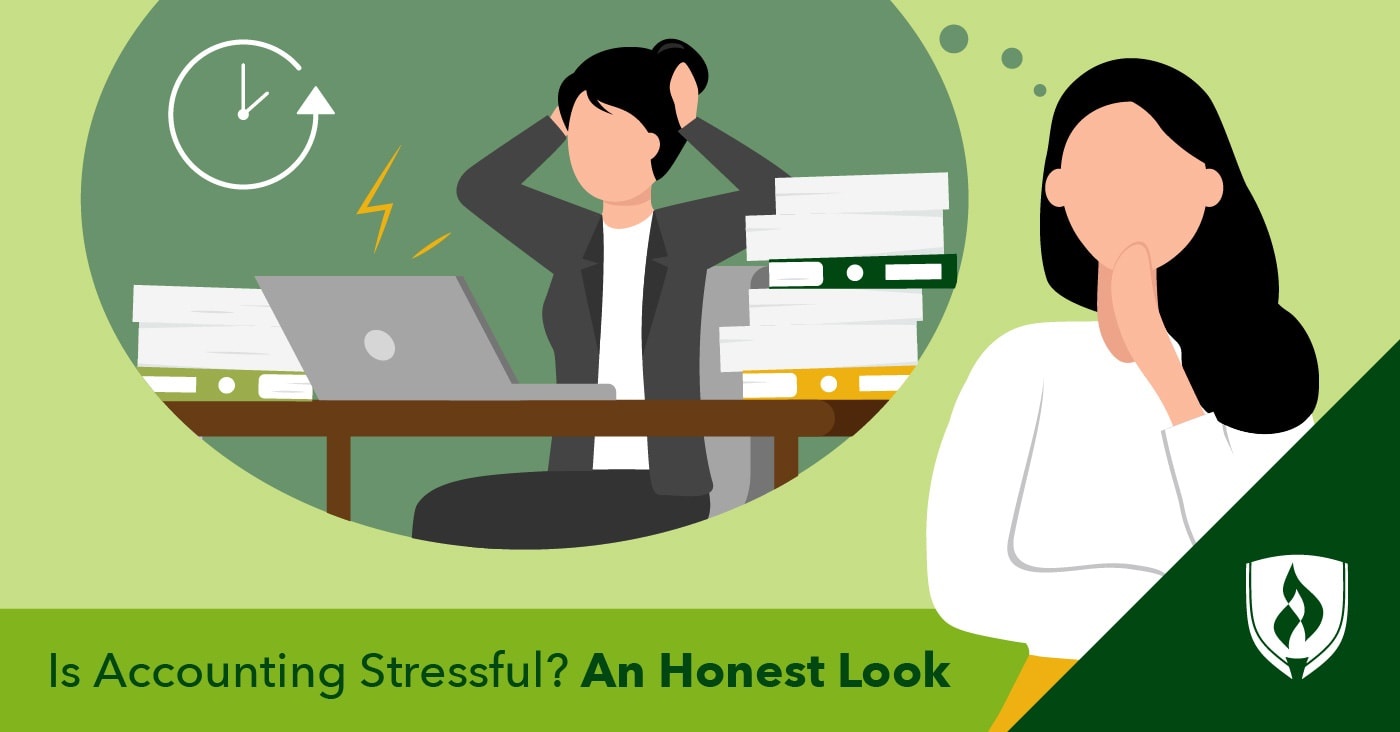 illustration of a woman looking stressed at a desk within a thought bubble representing is accounting stressful
