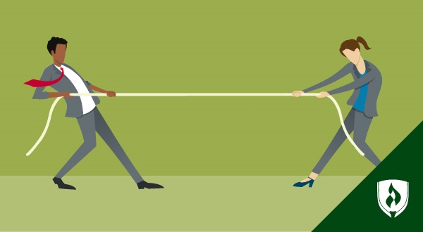 illustration of two accountants playing tug of war representing pros and cons of accounting
