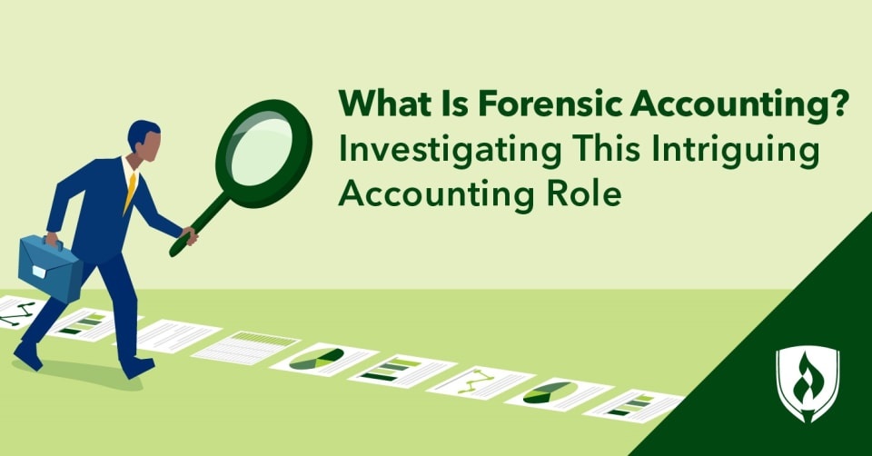 illustration of an accountant with a magnifying glass following a trail of documents representing what is forensic accounting