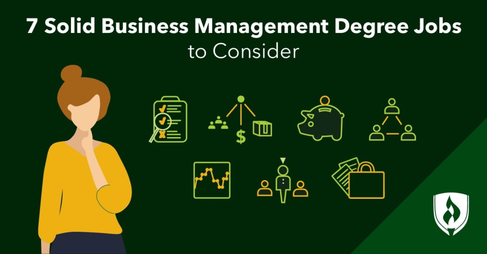 illustraton of a woman thinking  and several business management degree job icons next to her