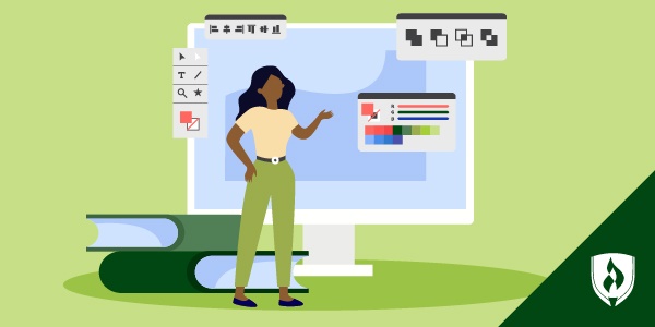 illustration of a designer showing design books and design software on a monitor representing design terms