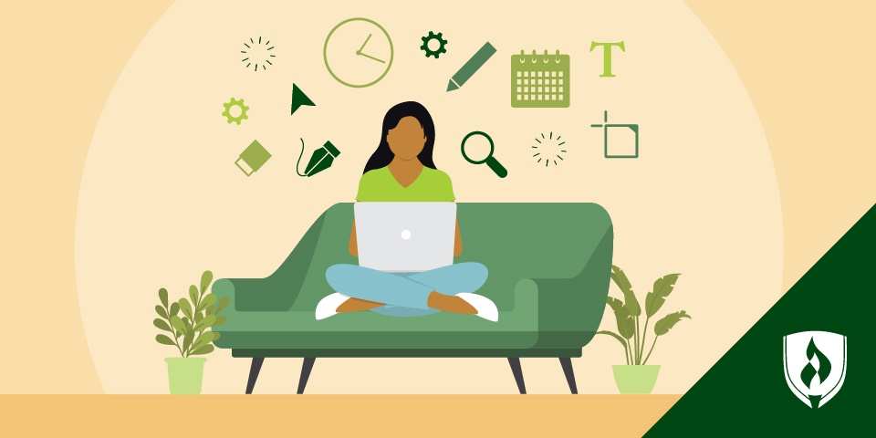 illustration of a graphic designer working at their desk with different icons around them representing signs you could be a good graphic designer
