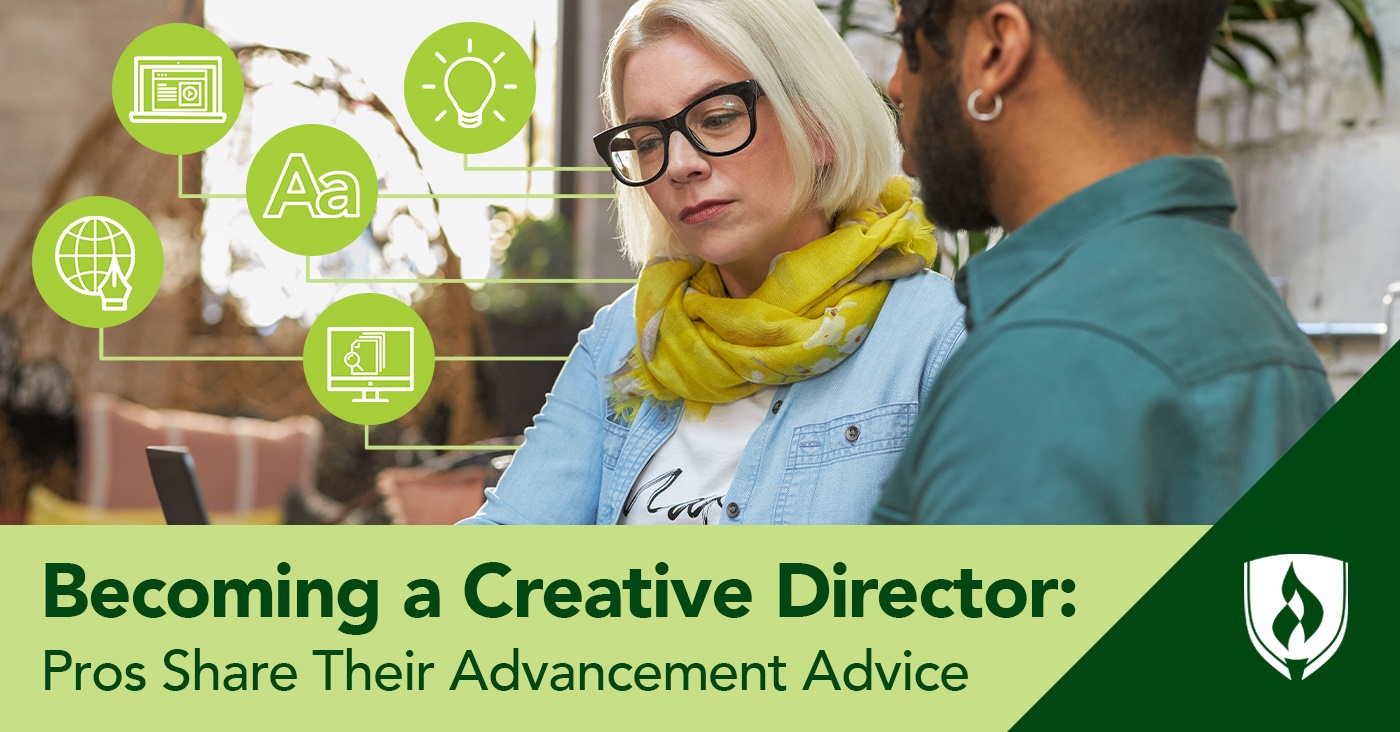 a creative director working with an coworker with icons representing skills needed to become a creative director around her