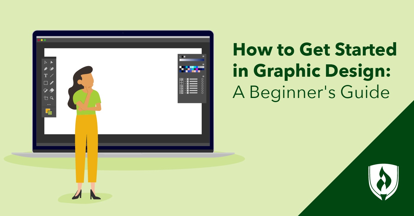 illustration of a graphic designer standing in front of a laptop representing how to get started in graphic design