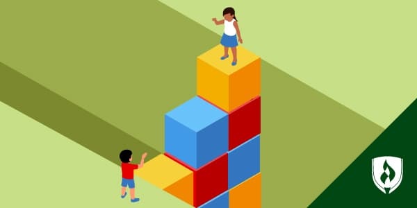 illustration of kid's building blocks with one kid standing at the top and one kid at the bottom representing the achievement gap