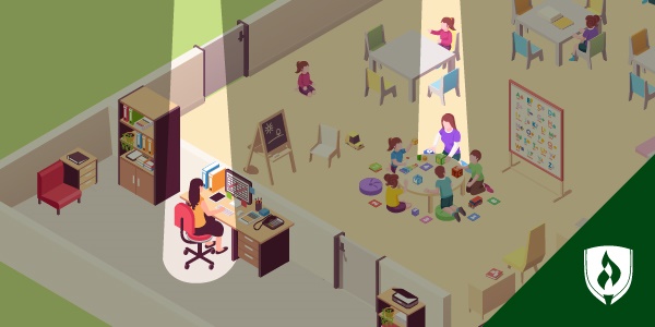 Illustration of a childcare center with the childcare director working in an offic.e