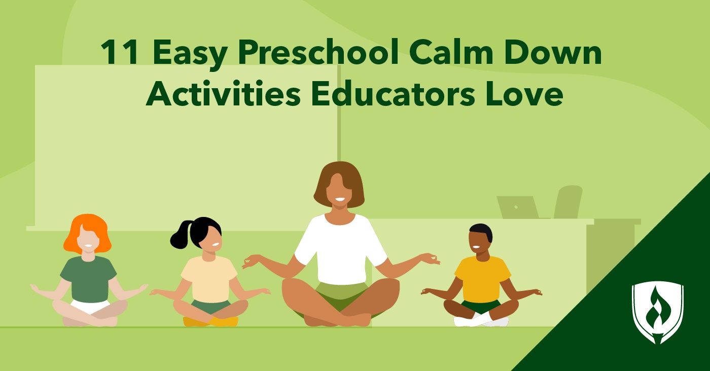 illustration of a preschoolers doing yoga with an instructor representing preschool calm activities 