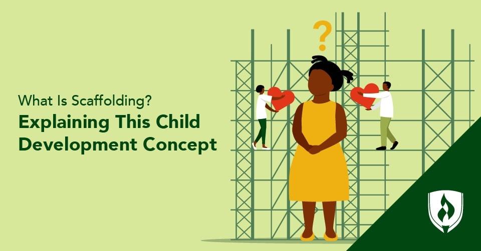 illustration of a preschool age child with scaffolding contruction around her representing what is scaffolding
