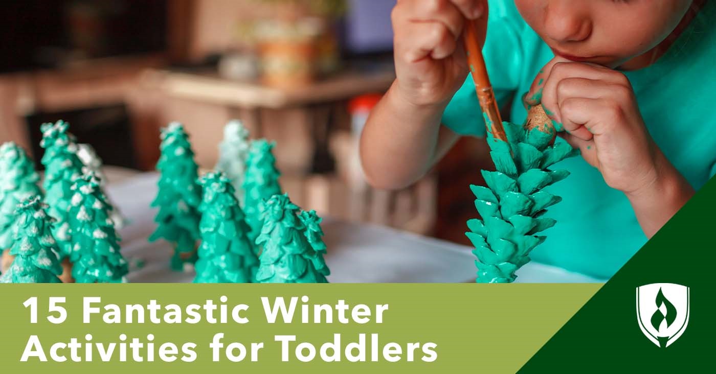 illustration of toddler painting wooden christmas trees representing winter activities for preschoolers