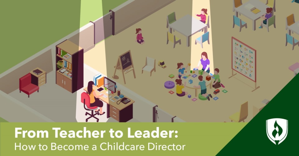 illustration of a early childhood classroom with the childcare director working in an office