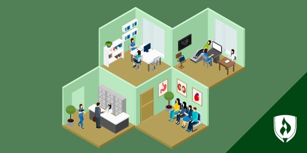 illustration of a medical office isometric view showing a medical assistant job description