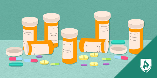 Illustrated pill bottles with many different colored pills