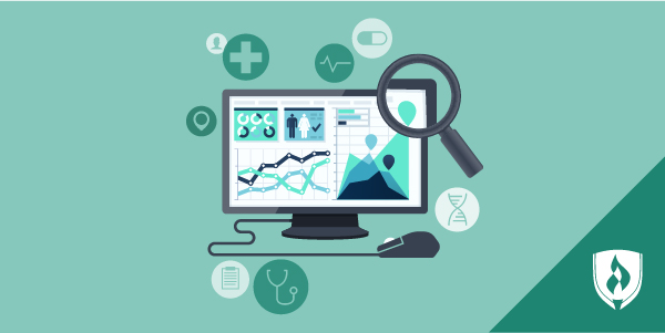 illustration of computer screen with charts and healthcare icons