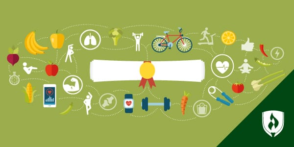 Illustration of a rolled up diploma surrounded by icons representing healthy activities and foods.