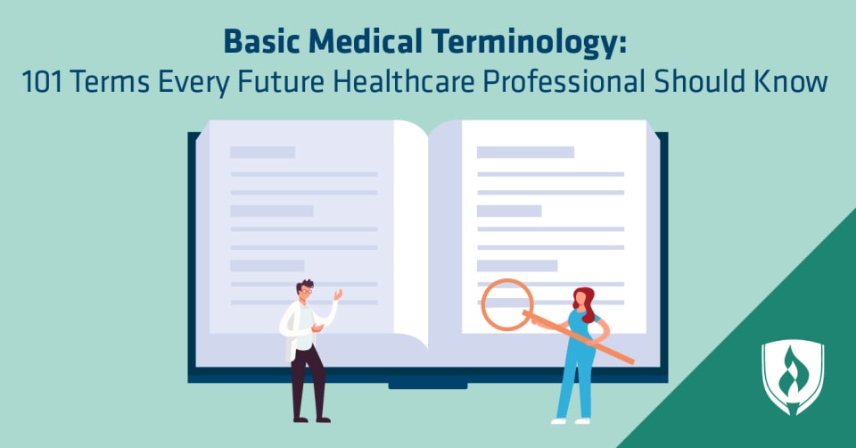 Illustration depicting two tiny healthcare workers reviewing a giant dictionary.
