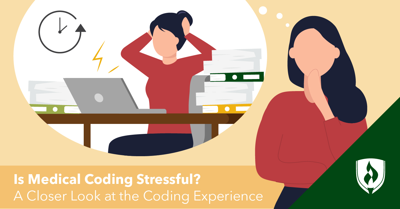 illustration of a someone imagining a medical coder working a desk looking stressed 