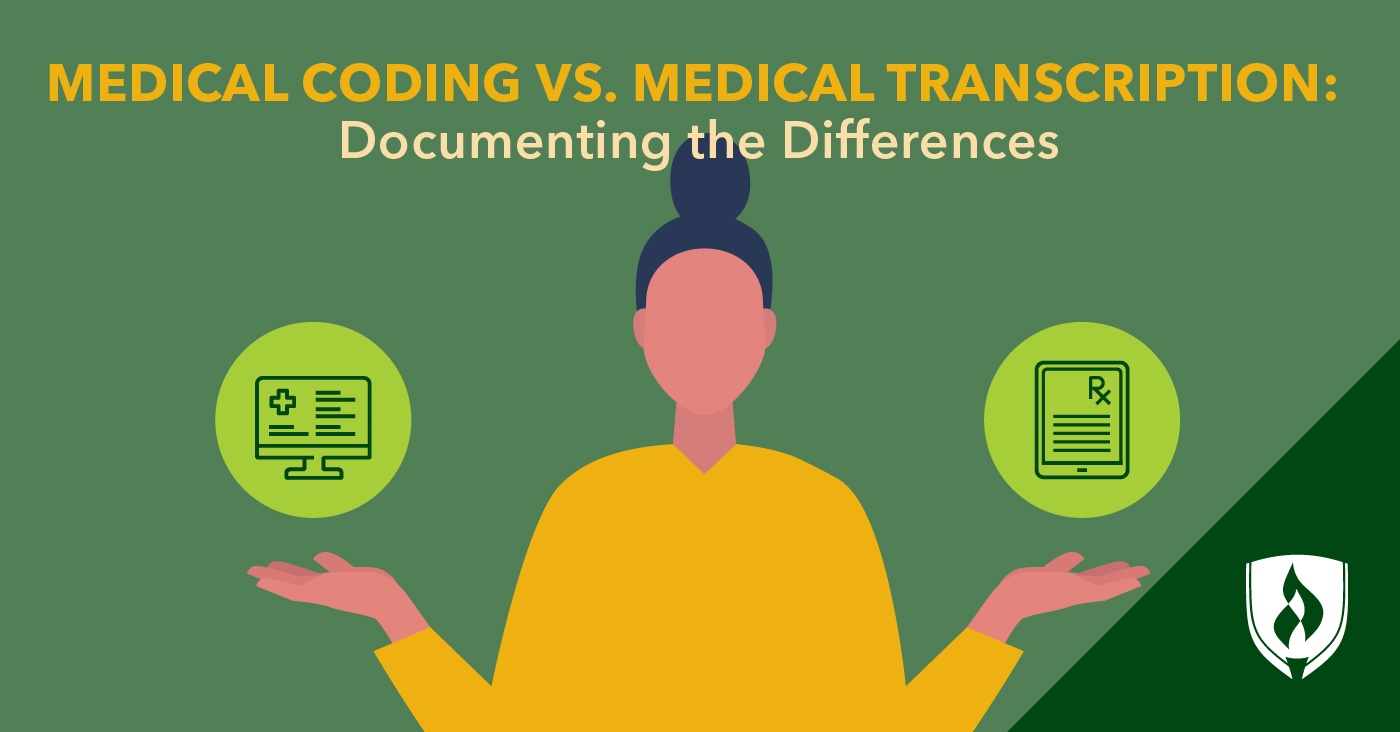 illustration of a woman shrugging between icons representing medical transcription vs medical coding